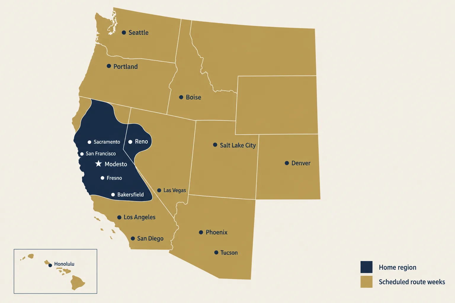 Map of the western United States showing the Brewer Medical Solutions service area. The home region, shown in navy, covers Northern and Central California from Redding to Bakersfield plus the Reno area of Nevada. Scheduled route week regions, shown in gold, cover Southern California, the rest of Nevada including Las Vegas, Arizona, Utah, Idaho, Washington, Oregon, Colorado, Wyoming, Montana, and Hawaii.